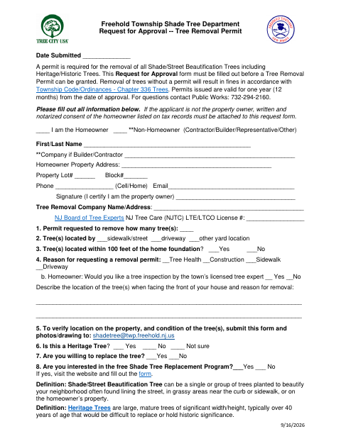 First page of the Request for Approval – Tree Removal Permit
