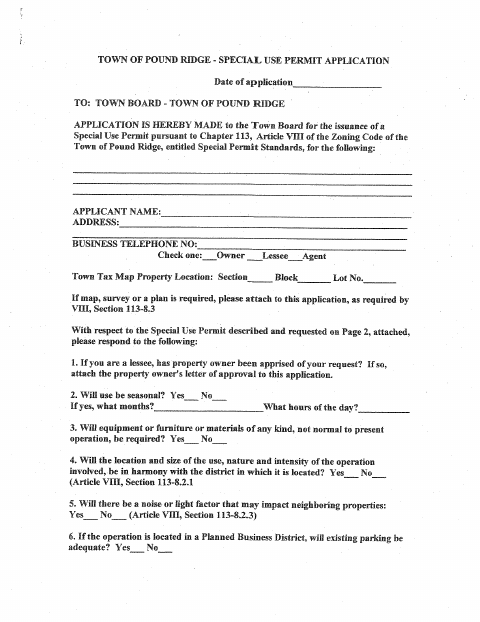 First page of the Town Board Special Use Permit Application