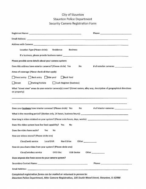 First page of the Security Camera Registration