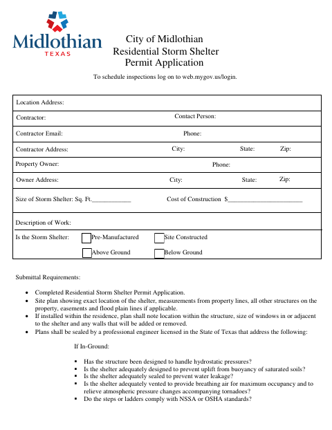 First page of the Residential Storm Shelter Permit Application