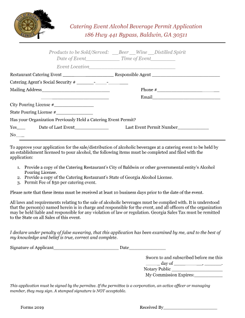 First page of the Catering Event Alcohol Beverage Permit Application