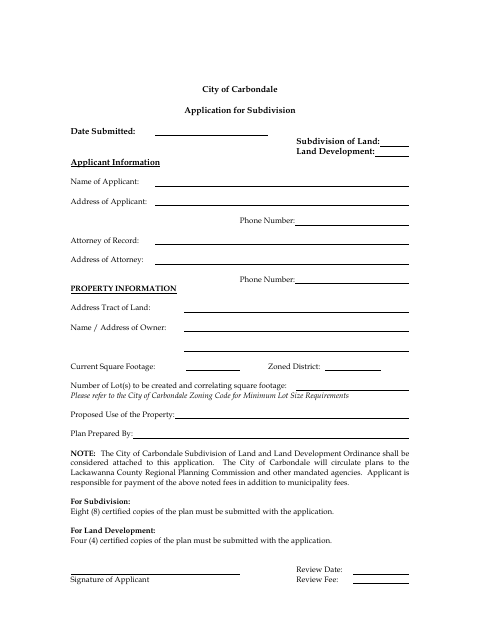 First page of the Application for Subdivision