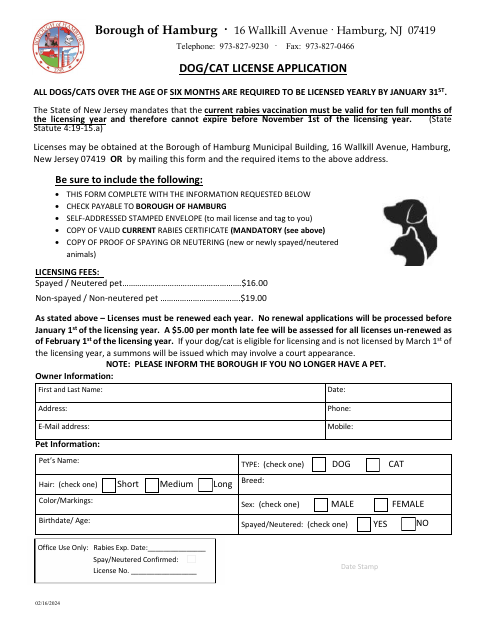 First page of the Dog/Cat License Application