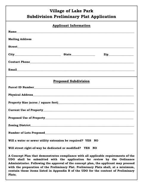 First page of the Subdivision Preliminary Plat Application
