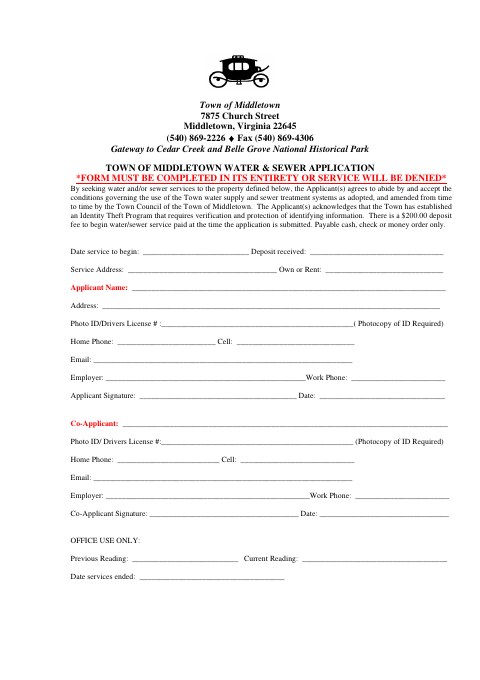 First page of the Water & Sewer Application