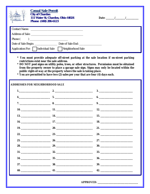 First page of the Casual Sale Permit
