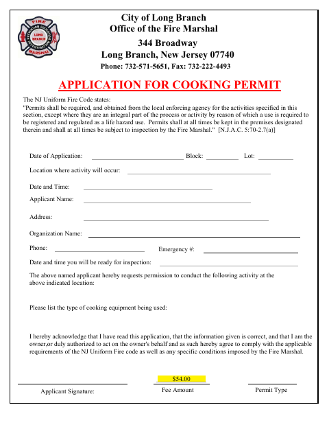 First page of the Application For Cooking Permit