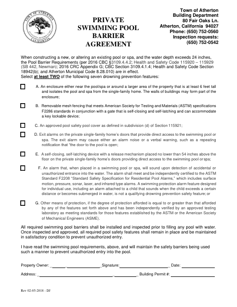 First page of the Private Swimming Pool Barrier Agreement