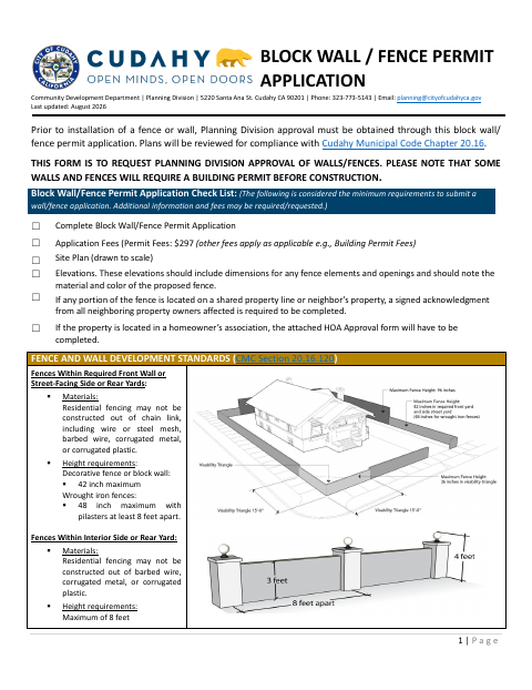 First page of the Block Wall / Fence Permit Application