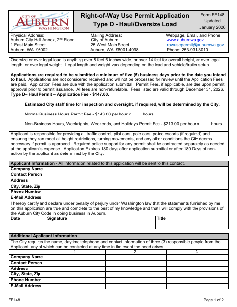 First page of the Right-of-Way Use Permit Application Type D – Haul/Oversize Load