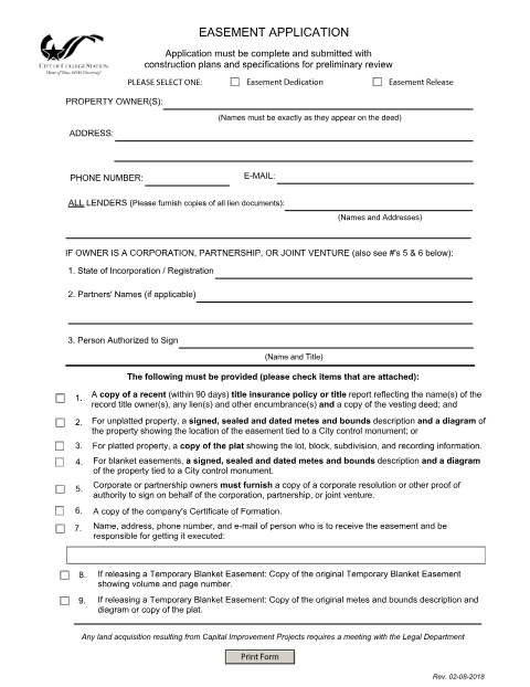 First page of the Easement Dedication/Release Application