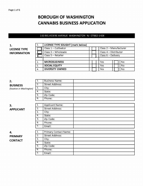 First page of the Cannabis Business Application