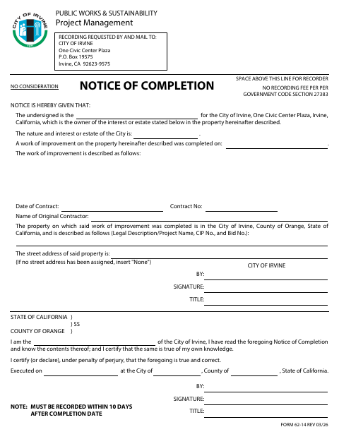 First page of the Notice of Completion