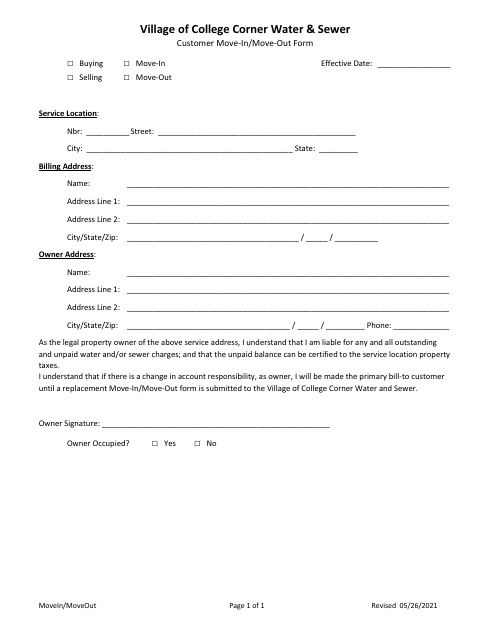 First page of the Water and Sewer Customer Move-In/Move-Out Form