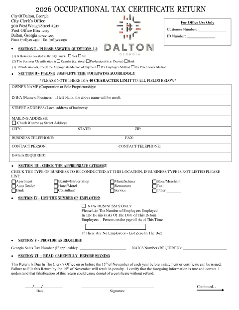 First page of the Occupational Tax Certificate Application