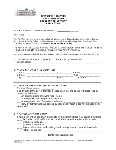 First page of the Land Division and Boundary Adjustment Application