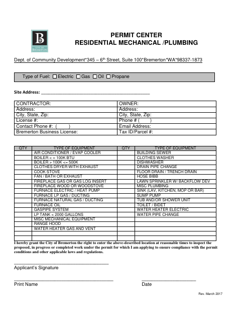 First page of the Residential Mechanical Plumbing Permit