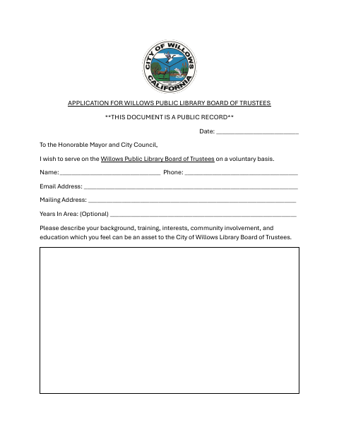 First page of the Application for Willows Public Library Board of Trustees