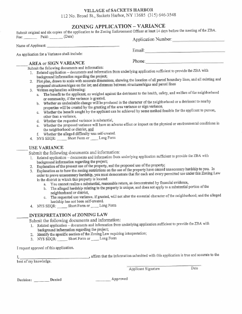 First page of the Zoning Application — Variance