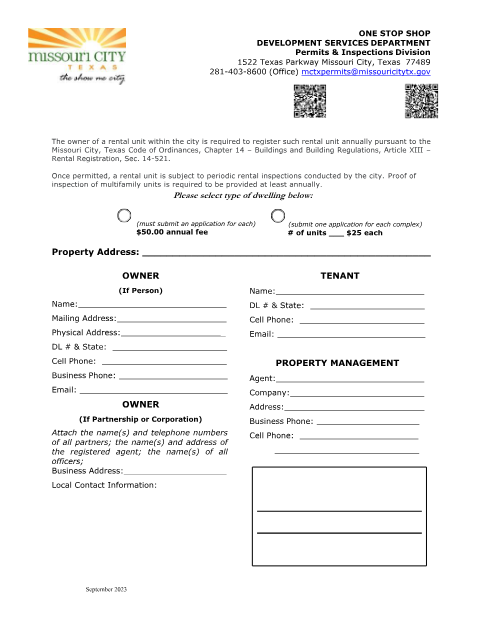 First page of the Residential Rental Registration Application