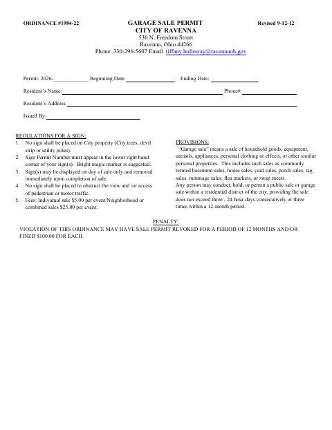 First page of the Garage Sale Permit