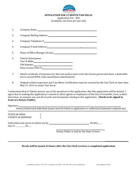 First page of the 12 Month Taxi Decal Application