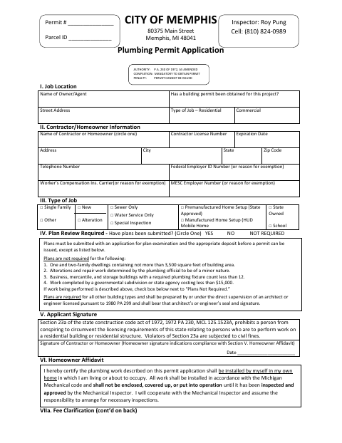 First page of the Plumbing Permit Application