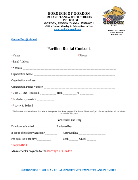 First page of the Pavilion Rental Contract