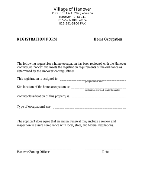 First page of the Home Occupation Registration Form