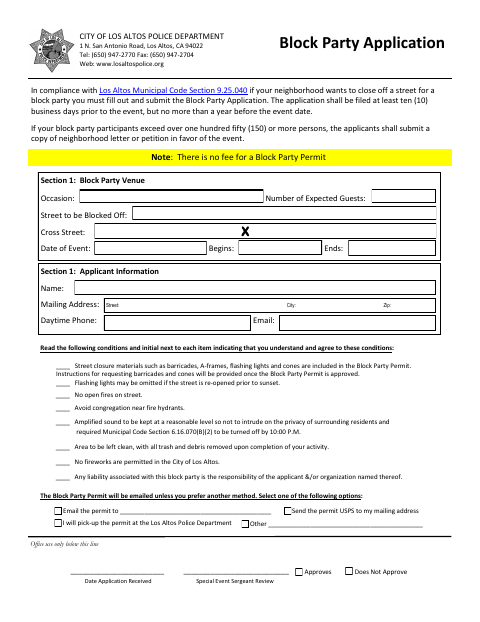First page of the Block Party Application