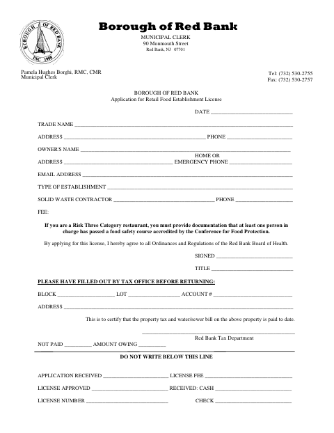 First page of the Application for Retail Food Establishment License