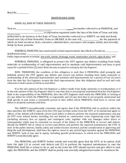 First page of the Maintenance Bond