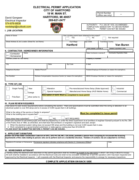 First page of the Electrical Permit Application