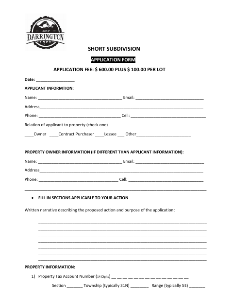 First page of the Short Subdivision Application Form