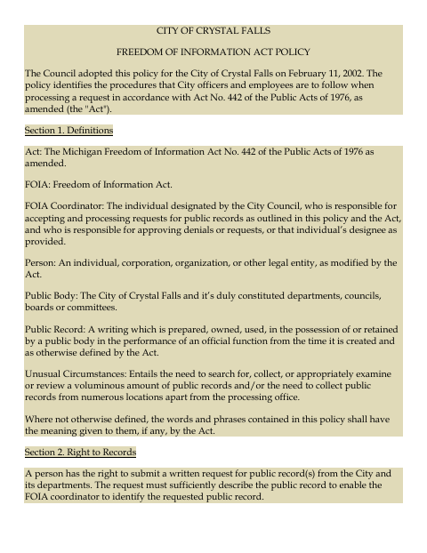 First page of the Freedom of Information Act Policy and Future Issuances Worksheet