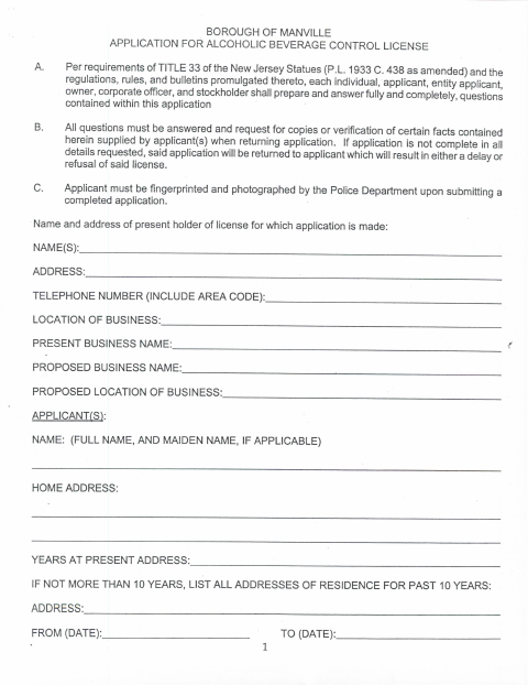 First page of the Alcoholic Beverage Control License Application