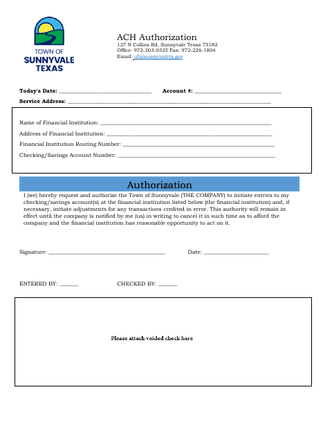 First page of the ACH Authorization Form
