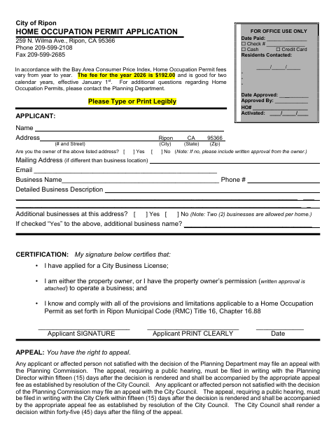 First page of the Home Occupation Permit Application