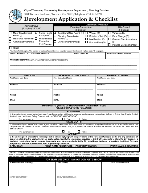 First page of the Development Application and Checklist