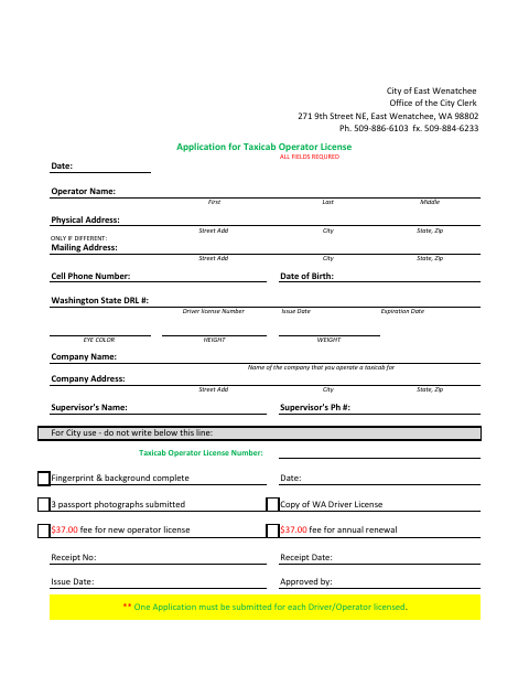 First page of the Application for Taxicab Operator License