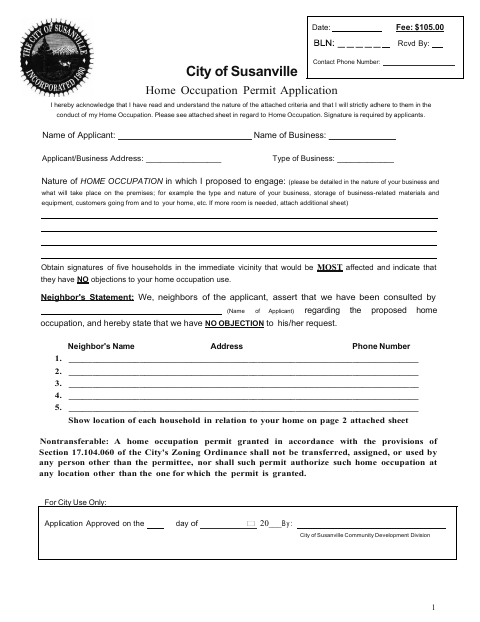 First page of the Home Occupation Permit Application