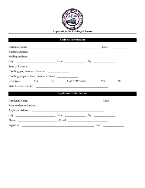 First page of the Privilege License Application