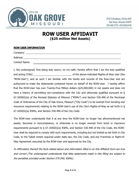 First page of the ROW User Affidavit ($25 Million Net Assets)