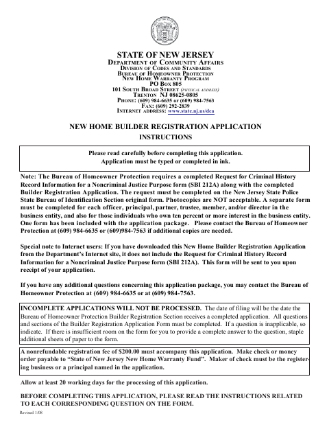 First page of the New Home Builder Registration Application Instructions