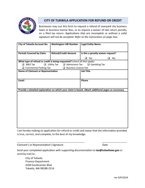 First page of the Application for Refund or Credit