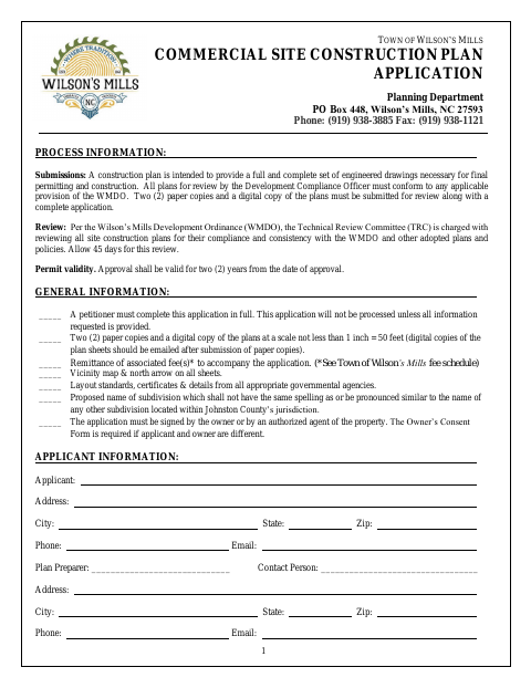 First page of the Commercial Site Construction Plan Application