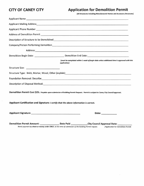 First page of the Application for Demolition Permit