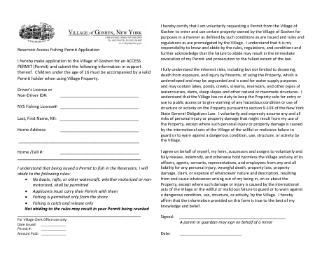 First page of the Reservoir Access Fishing Permit Application