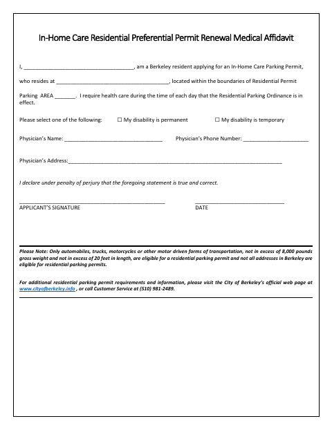 First page of the In-Home Care Residential Preferential Permit Renewal Medical Affidavit