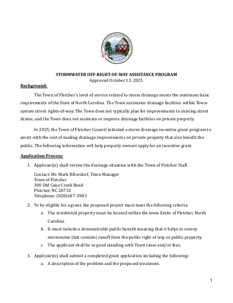 First page of the Stormwater Off-Right-of-Way Assistance Program Application